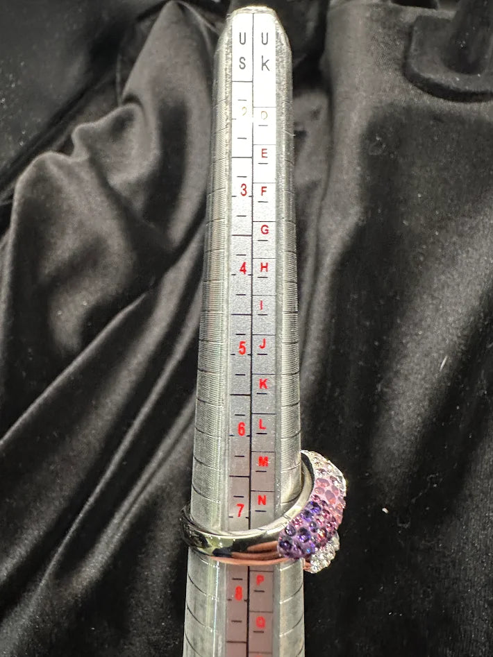 Swarovski silver-tone wrap ring with graduated pink and purple pavé crystals, view 2