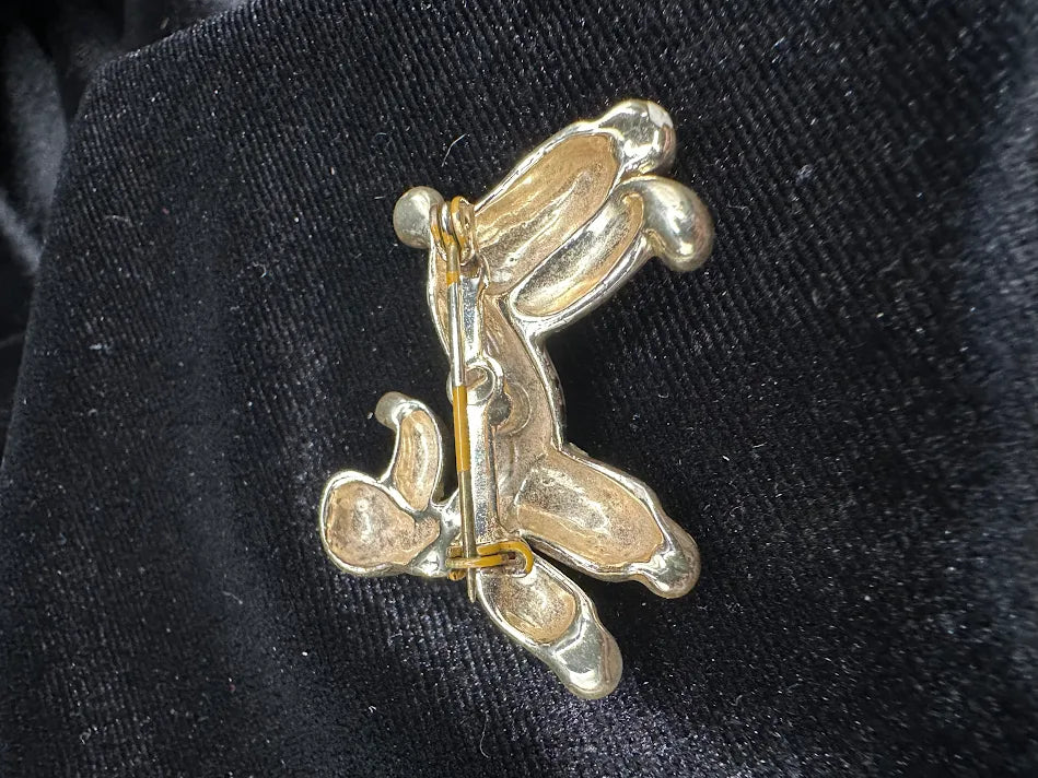 Gold-tone stylized poodle brooch with clear crystal accents and red eye, view 5