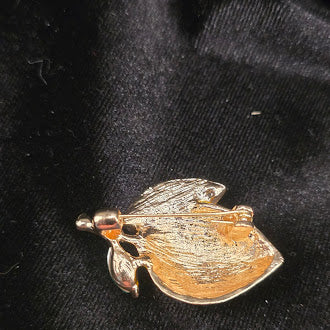 Gold-tone yellow enamel lemon brooch with pavé rhinestone leaf and green stone, view 4