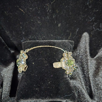 Vintage Silver Tone Rhinestone Bracelet with Green Marquise Center and Aurora Borealis Crystals, Statement Link Design, Curated Estate Glam
