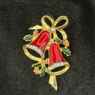 Red Enamel Christmas Bells Brooch with Rhinestones and Holly