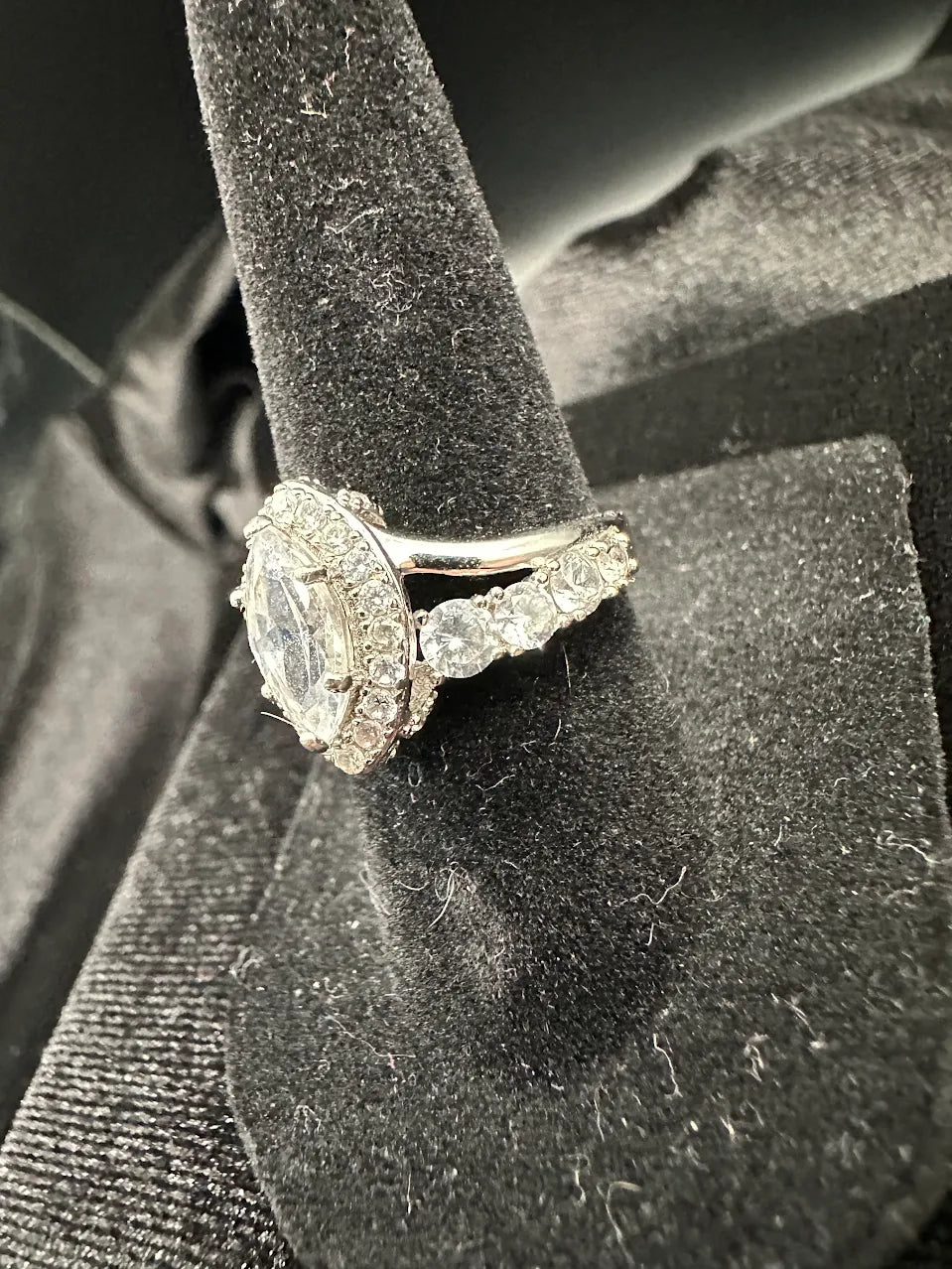 Silver Tone Clear Crystal Marquise Halo Ring Statement Bridal Inspired Design