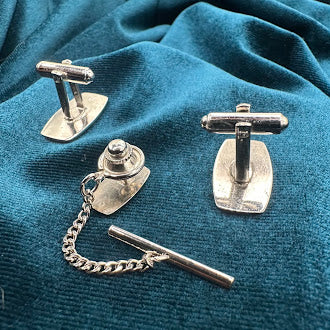 Vintage silver tone monogram N cufflinks and tie tack set with engraved initial and chain back