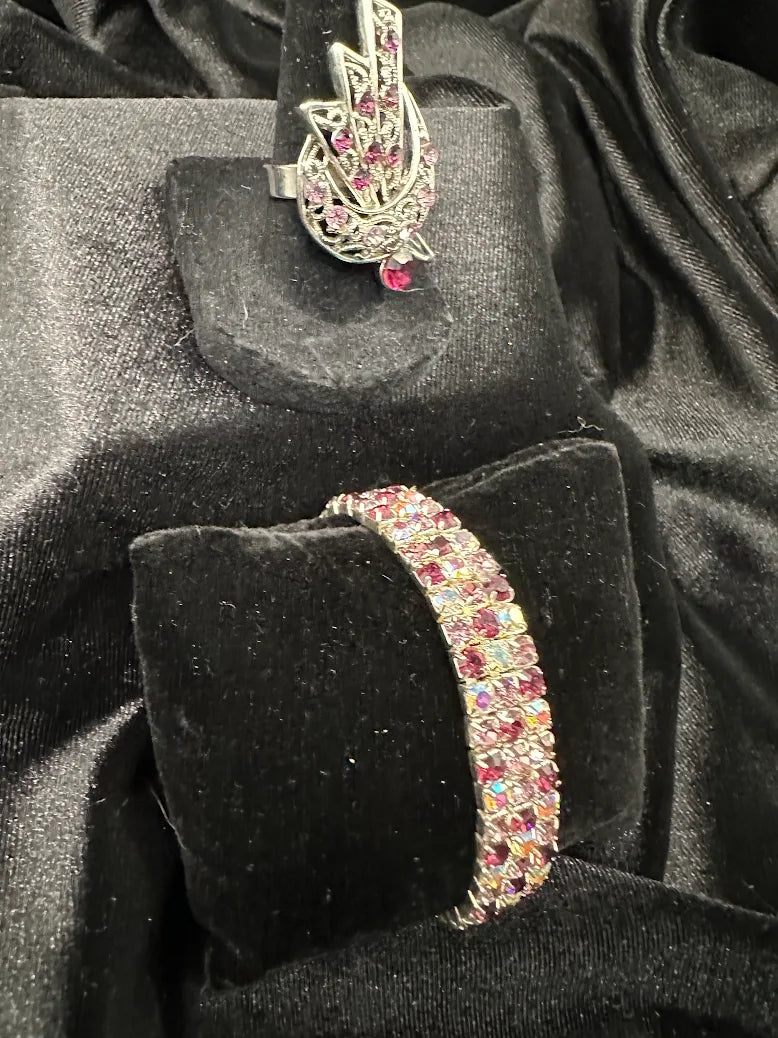Vintage Pink Rhinestone Bracelet & Ring Set – Wide Art Deco Style Crystal Expansion Bracelet Size 7 Statement Ring