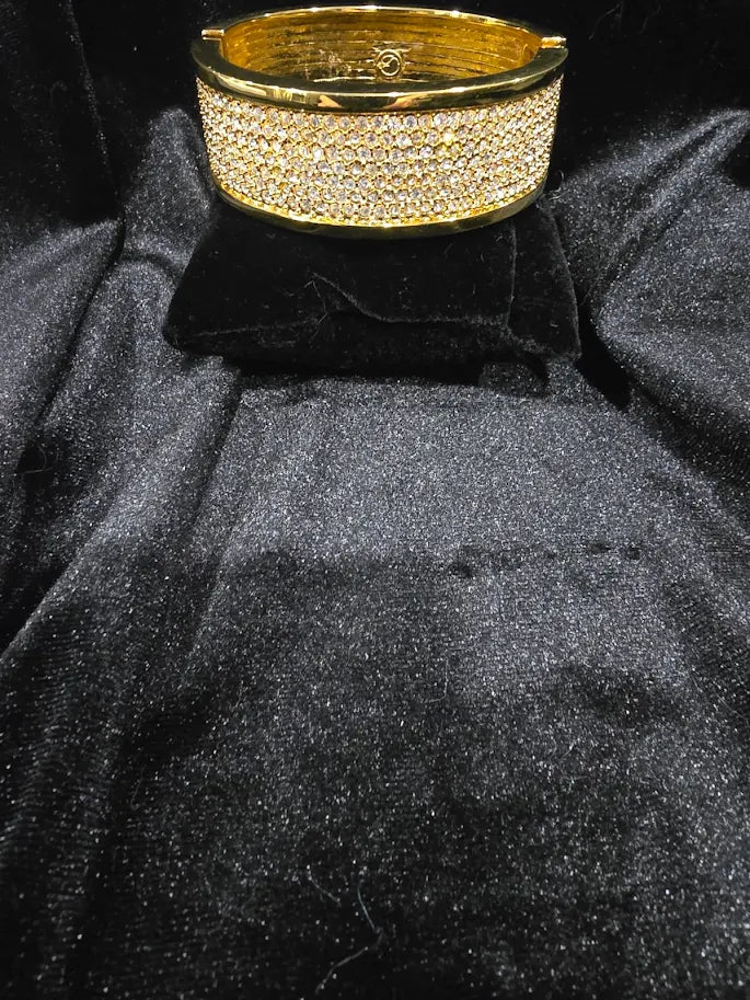 Vintage St. John Gold Tone Wide Rhinestone Hinged Bangle Bracelet Heavy Statement Cuff 97g Designer Jewelry