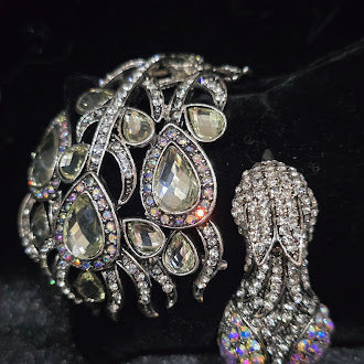 Bird of Paradise Peacock Hinged Cuff Bracelet Silver Tone Iridescent Rhinestones Statement Animal Cuff Vintage Glam Style