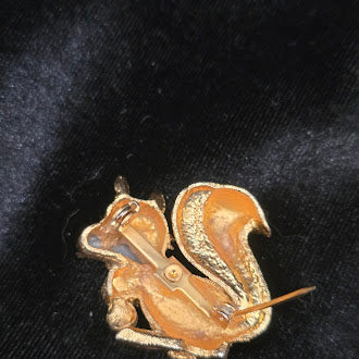 Gold-tone squirrel brooch with rhinestone acorn cluster, faux pearl and red eye, view 3