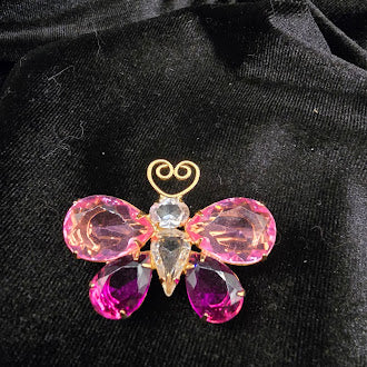 Gold Tone Pink Crystal Butterfly Brooch With Faceted Stones