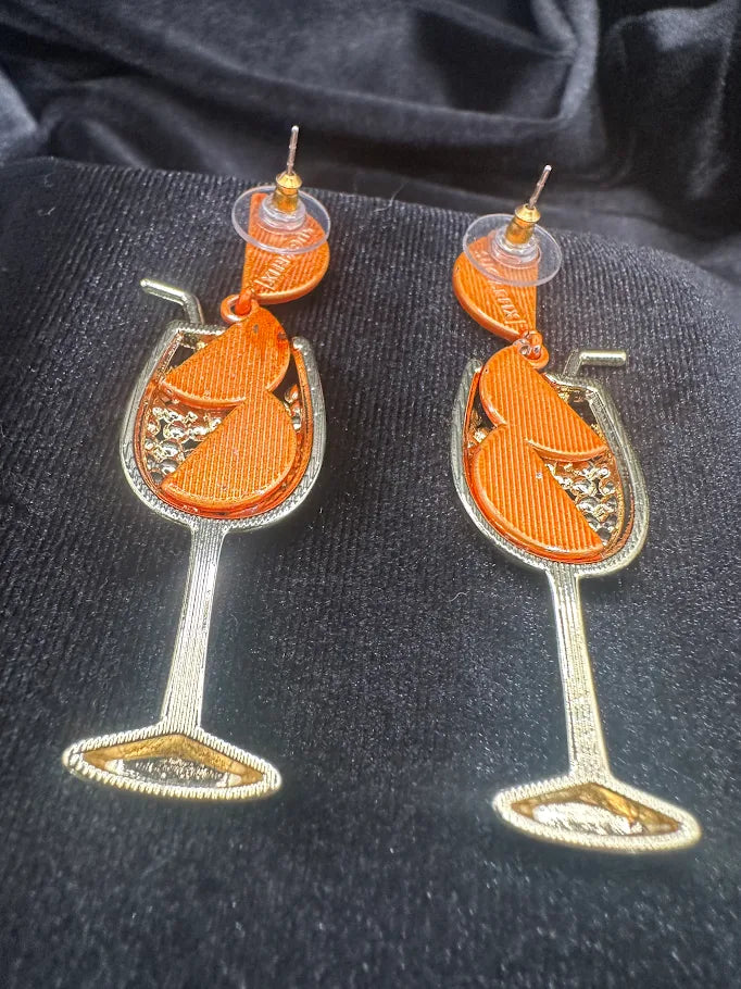 Sugarfix gold-tone cocktail glass drop earrings with orange slice accents and crystals, view 5