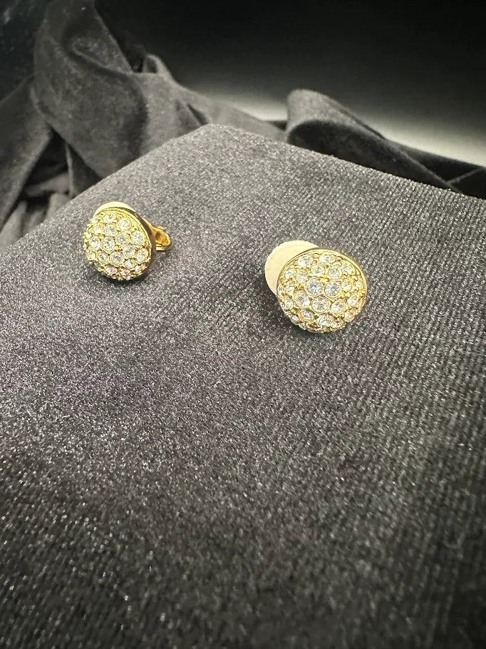 Swarovski Gold Tone Crystal Dome Clip Earrings | Signed Designer Button Earrings