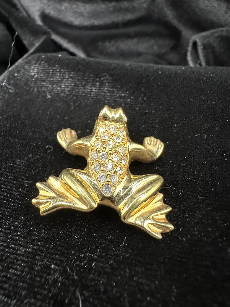 Swarovski Gold Tone Crystal Frog Brooch Vintage Designer Rhinestone Animal Pin