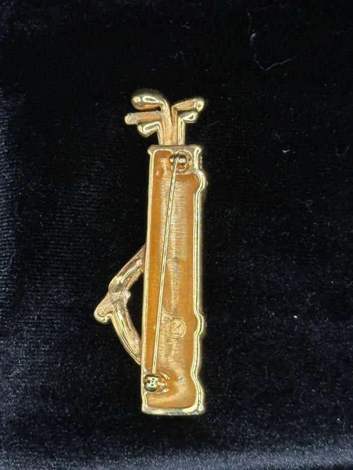 Swarovski Signed Golf Bag Brooch Gold Tone Black Enamel Crystal Rhinestone Pin Vintage