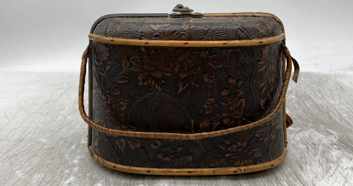 Vintage Brown Floral Tooled Top Handle Handbag Wood Frame Conversation Piece Purse
