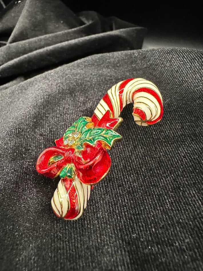 Vintage Style Candy Cane Christmas Brooch Red White Enamel Holly Bow Gold Tone Pin