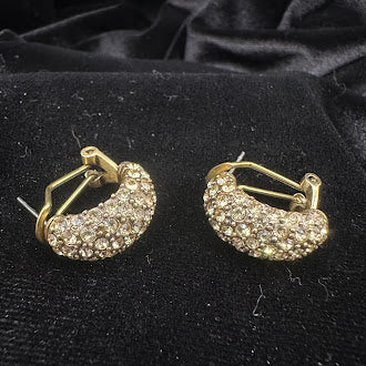Gold-tone half hoop clip-on earrings encrusted with clear pavé rhinestones, view 3