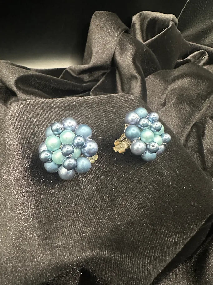 Blue and aqua faux pearl beaded cluster clip earrings with silver-tone clip backs, view 2