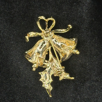 Gold-tone Christmas bells brooch with red and green rhinestones, holly and bow, view 3