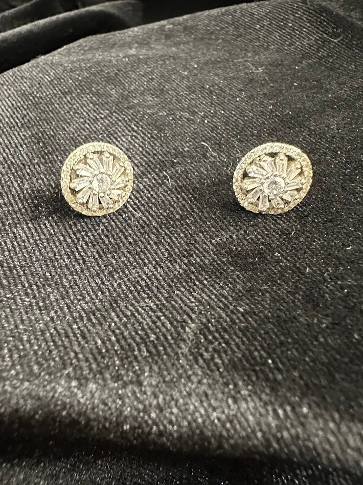 Silver Tone Crystal Starburst Stud Earrings Round Sparkle Sunburst Bridal Gift