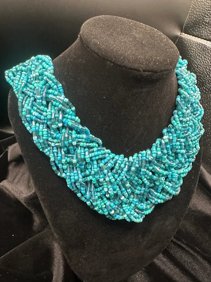 Turquoise Blue Beaded Bib Collar Necklace with Woven Design