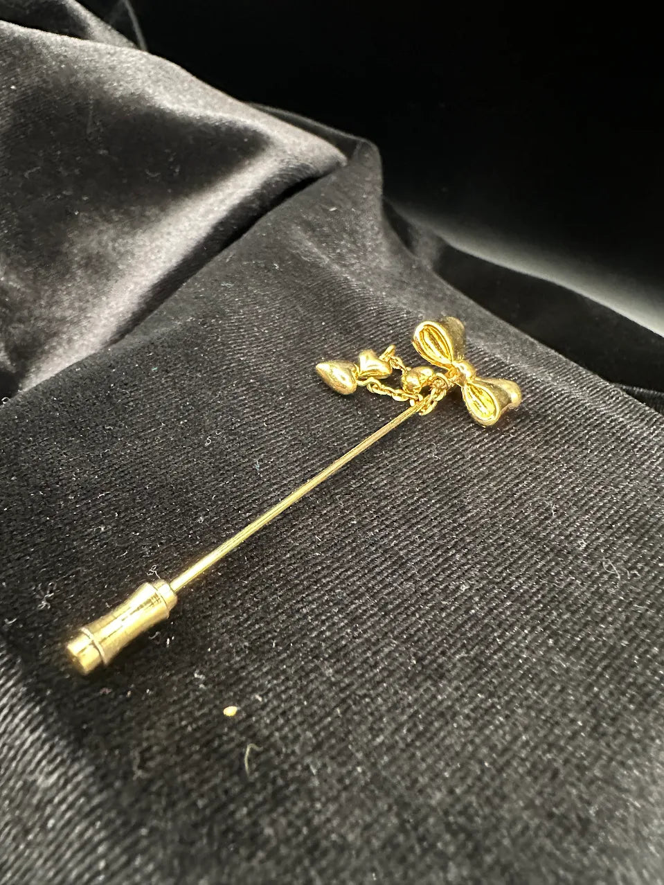 Trifari Gold Tone Bow Stick Pin with Dangle Detail