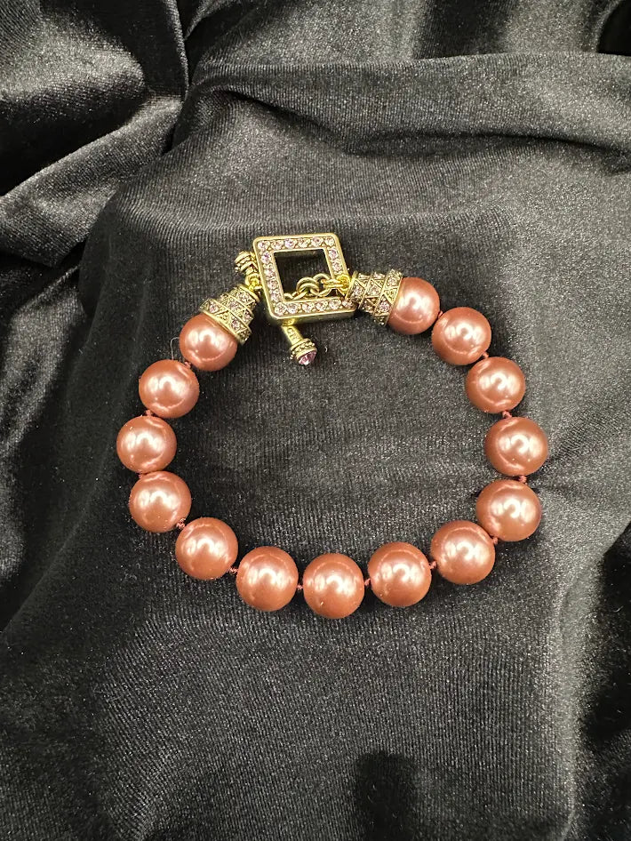 Heidi Daus Faux Pearl Bracelet Mauve Beaded Crystal Pave Clasp Gold Tone Statement Designer