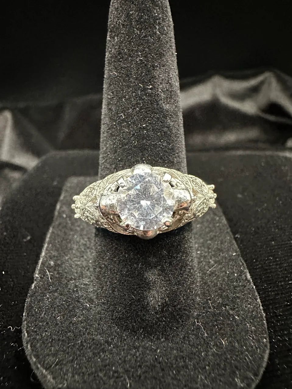 Silver Tone Clear Crystal Filigree Statement Ring Vintage Inspired Design