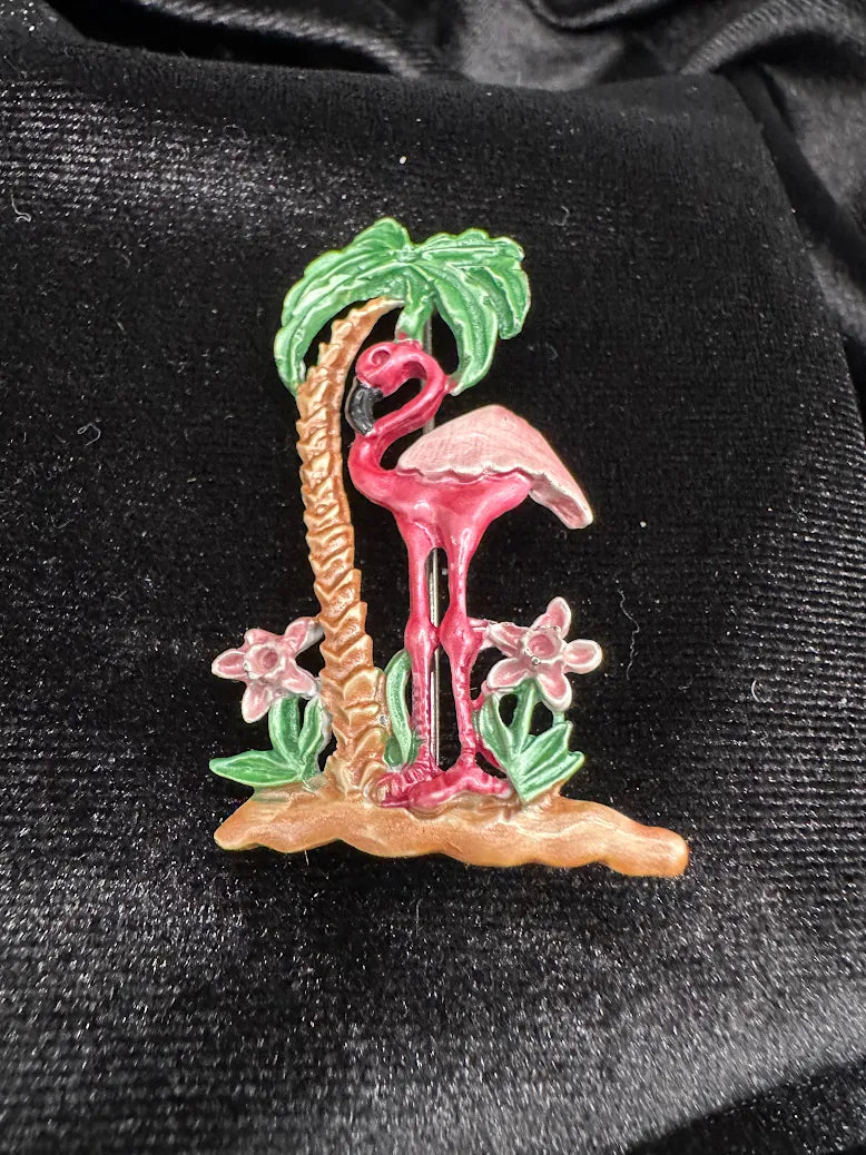 Vintage Pink Flamingo Brooch Tropical Palm Tree Enamel Bird Pin Florida Vacation Style