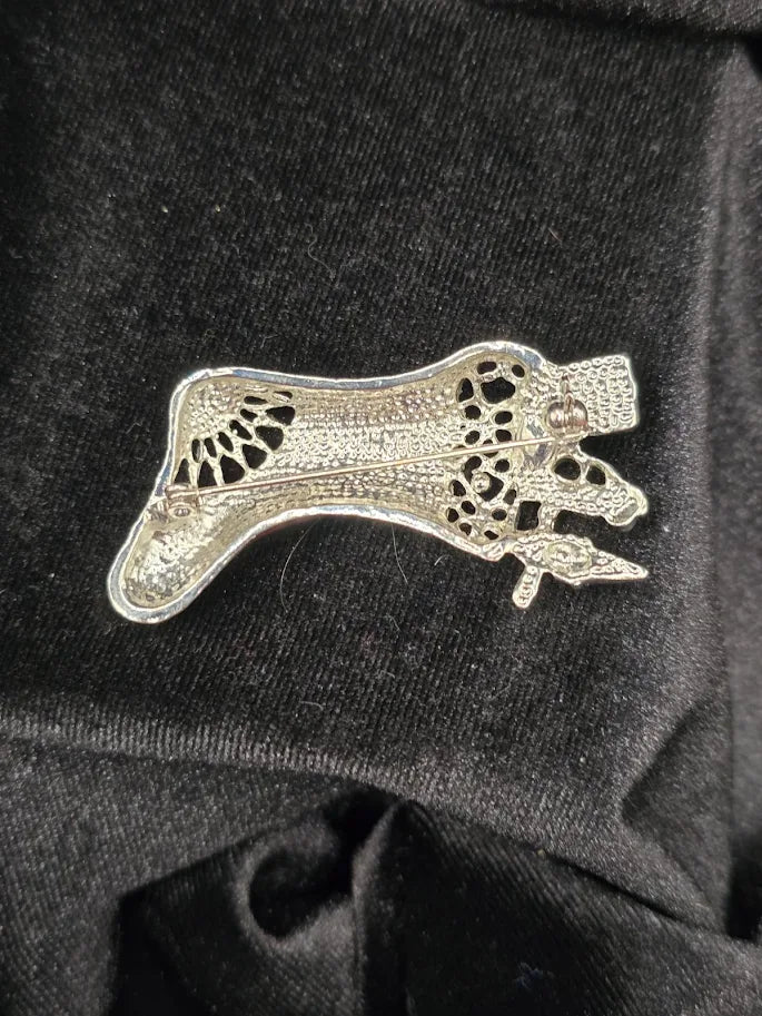 Red enamel Christmas stocking brooch with rhinestones and silver-tone detailing, view 3