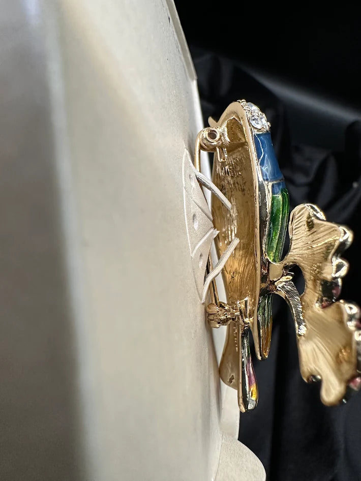 Anne Klein gold-tone bird on branch brooch with clear crystals and blue, green and red enamel, with box, view 4