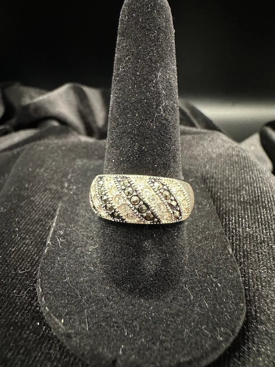 Silver-tone band ring with rows of clear crystals and black crystal stripes, view 2