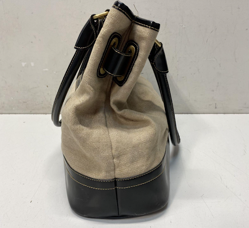 Maxx New York neutral woven canvas satchel tote with black patent trim, view 4