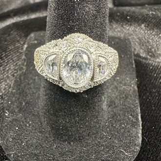 Silver-tone cocktail ring with heart-shaped clear center stone, pavé halo and scroll shoulders, view 2