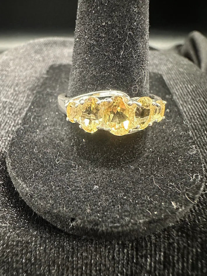 D’JOY 925 Sterling Silver Citrine Ring Five Stone Yellow Gem Band Size 10.25 US