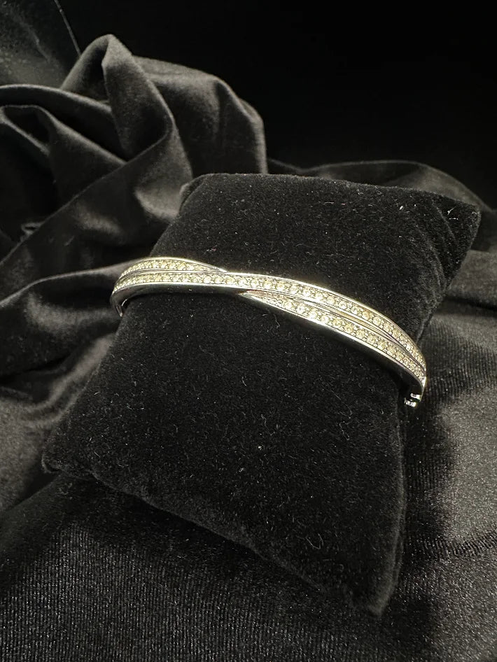 Signed Silver Tone Clear Crystal Crossover Hinged Bracelet