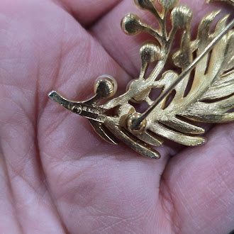 Vintage Crown Trifari Gold Tone Leaf Spray Brooch with Faux Pearl Cluster | Signed Botanical Fern Pin