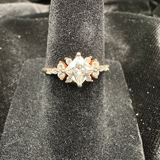 Sterling Silver Princess Cut CZ Ring with Accent Stones – Size 6