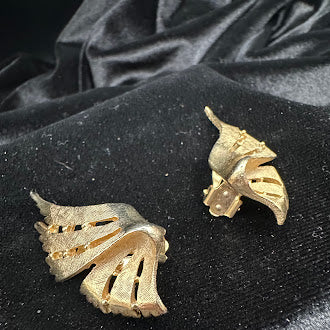 Sculptural gold-tone fan motif clip-on earrings with openwork and layered texture, view 2