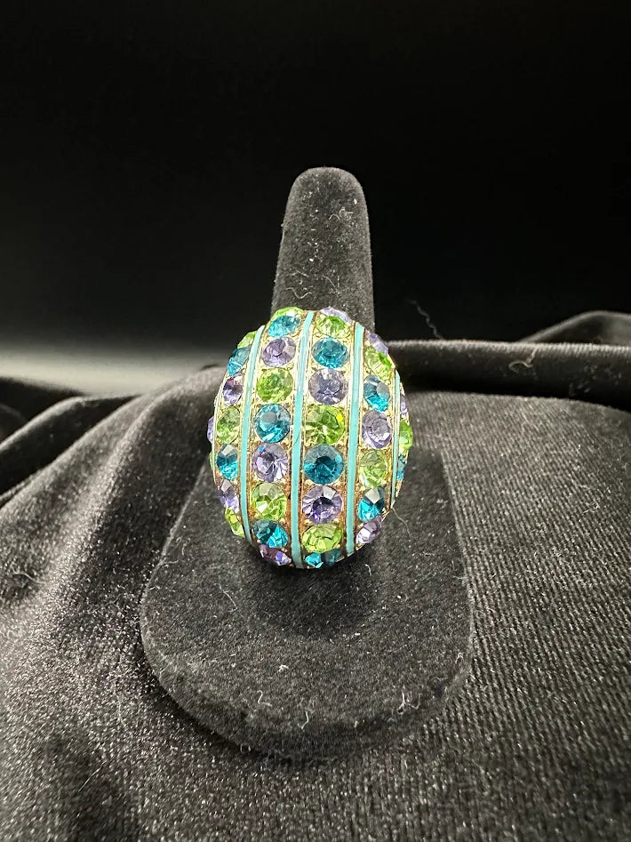 Akkad Gold Tone Multicolor Crystal Dome Ring Turquoise Stripe Statement Ring Bold Cocktail Ring