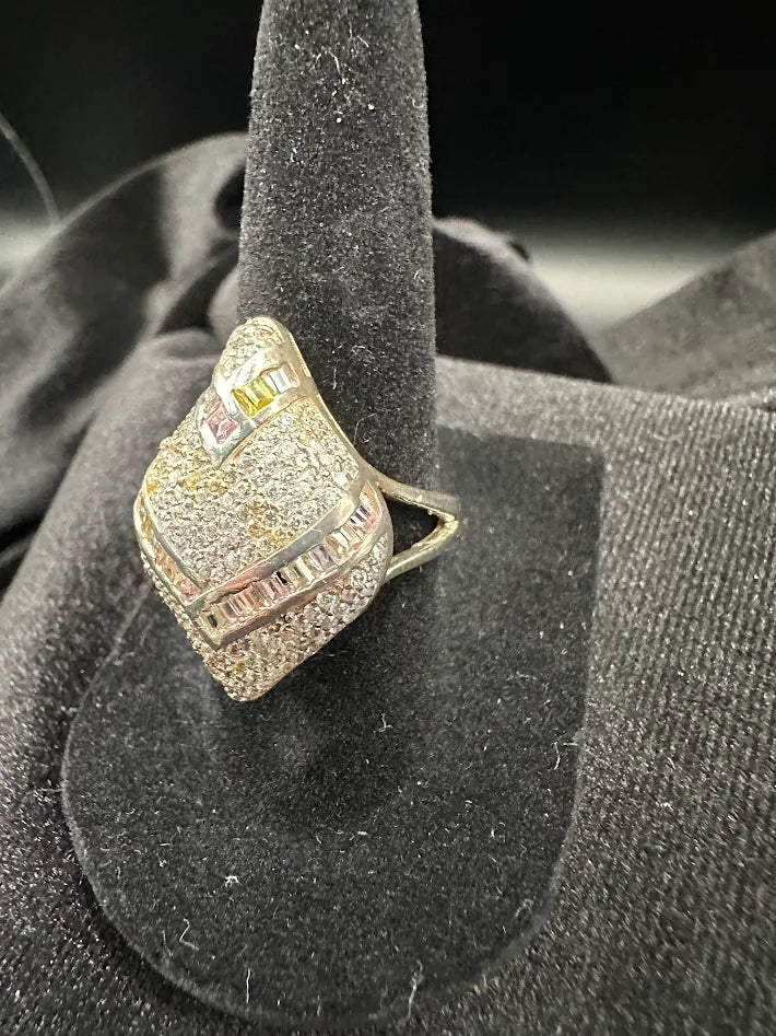 925 Sterling Silver Baguette & Pavé Crystal Ring Geometric Statement Ring Size 6 Cocktail Style