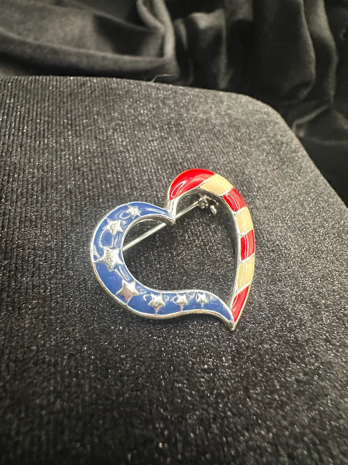NOAV silver-tone patriotic heart brooch with red, white and blue enamel, view 3
