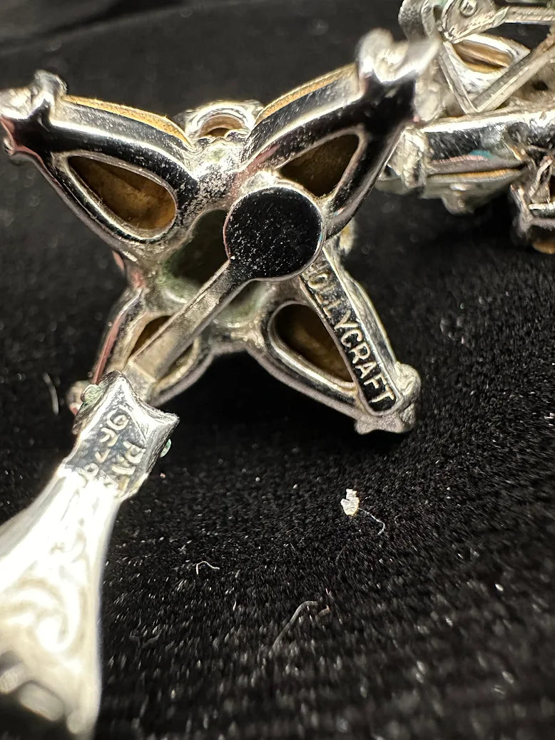 Signed Hollycraft silver-tone floral starburst clip earrings with clear rhinestones, view 5