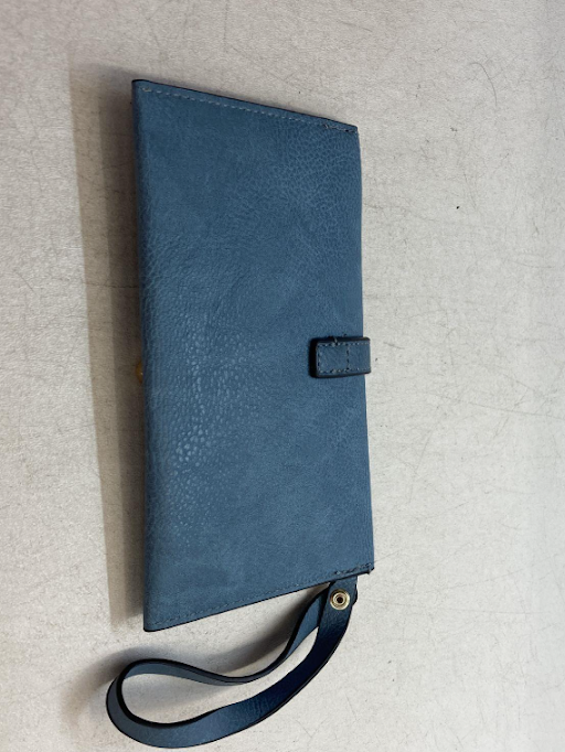 Blue pebbled faux leather tote with matching wristlet clutch, view 6
