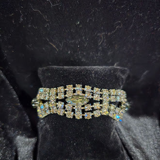 Vintage Silver Tone Rhinestone Bracelet with Green Marquise Center and Aurora Borealis Crystals, Statement Link Design, Curated Estate Glam