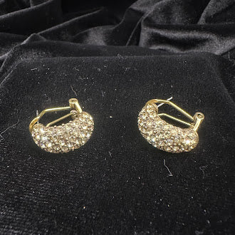 Gold-tone half hoop clip-on earrings encrusted with clear pavé rhinestones, view 4