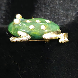 Jelly belly style frog brooch with translucent green body, gold-tone legs and clear rhinestones, view 3