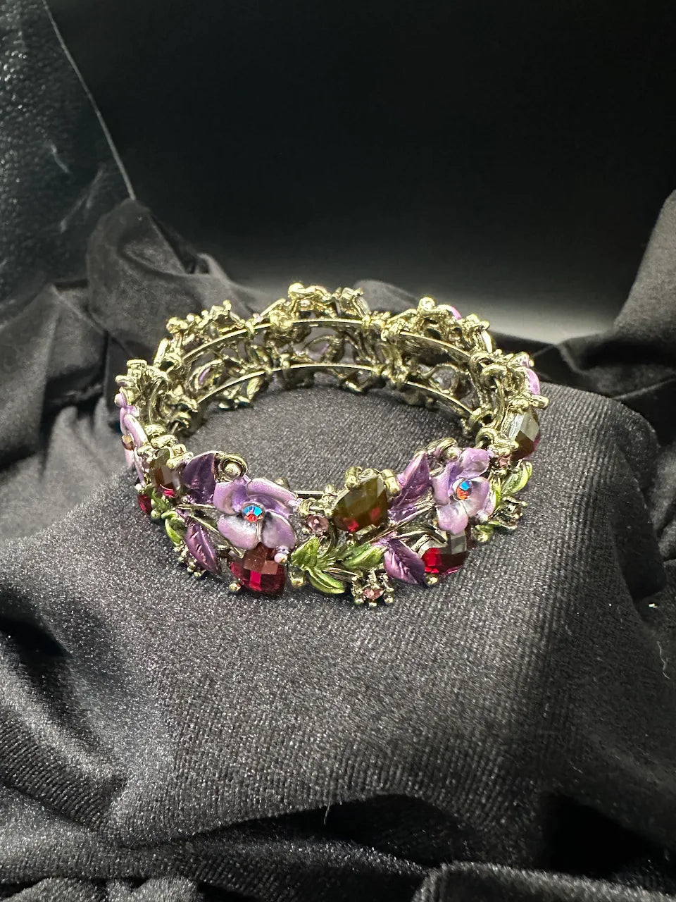 Vintage Gold Tone Purple Floral Crystal Bracelet with Green Enamel Leaves and Pink Rhinestone Accents