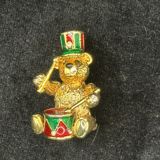 Signed Christopher Radko gold-tone teddy bear drummer Christmas brooch with red and green enamel, view 2
