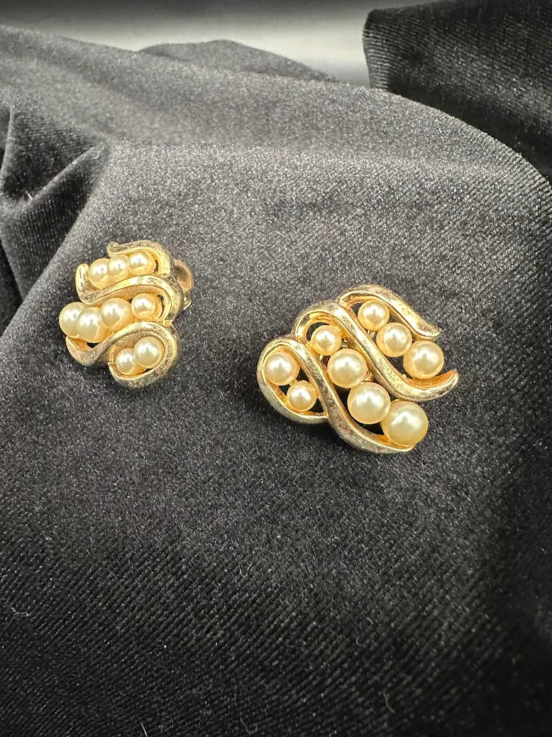 Signed Trifari gold-tone swirl clip earrings with clustered faux pearls, view 2