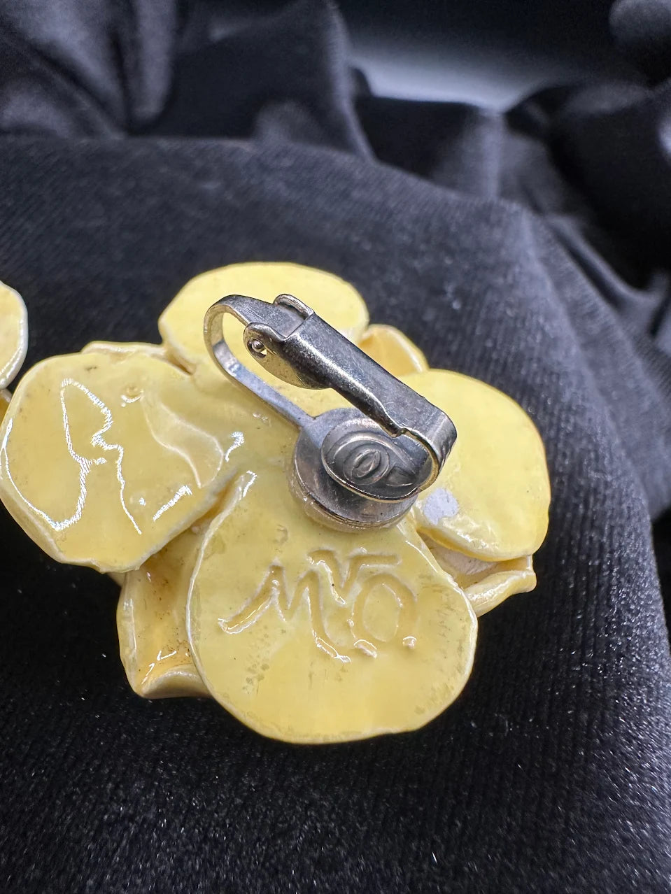Signed MYO cream and pink glazed rose clip earrings, view 4