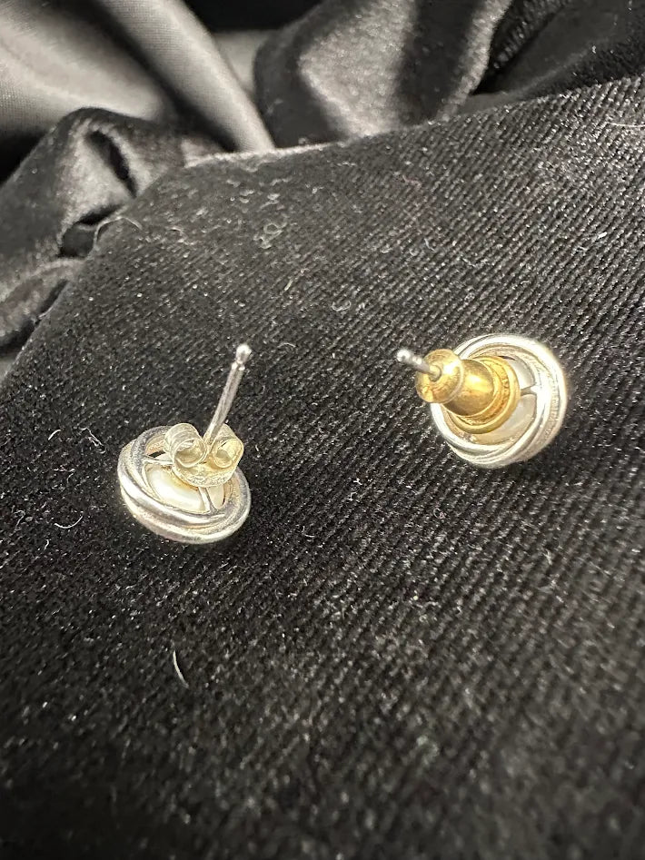Silver Tone Faux Pearl Stud Earrings Round Layered Button Design Classic Vintage Style Elegant Minimalist Jewelry